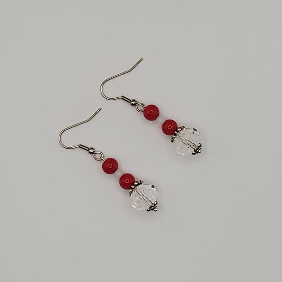 Handmade Earrings with Crystal, Red Coral, and Moonstone – 2" Dangle - Picture 5 of 10